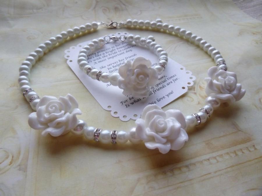 زفاف - Chunky Rose and Pearl Necklace & Bracelet Set, Pearl Flower Girl Necklace and Bracelet Set, Pearl Bridesmaid Necklace and Bracelet Set