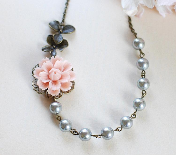 Wedding - Titanium Grey Pearls Necklace. Pink Flower Antique Brass Orchid Necklace, Bridesmaid Necklace, Grey and Pink Wedding Bridal Necklace