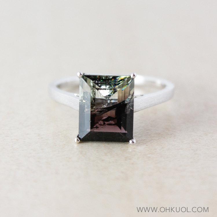 Wedding - Moss Green and Smokey Violet Tourmaline Engagement Ring - 925 Sterling Silver