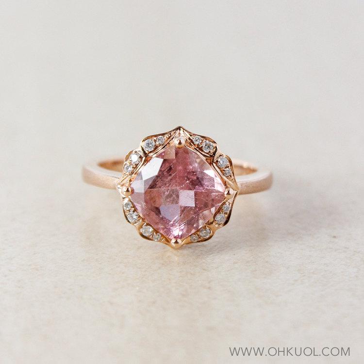 Wedding - Vintage Morganite Pink Tourmaline and Diamond Engagment Ring - 10K Rose Gold