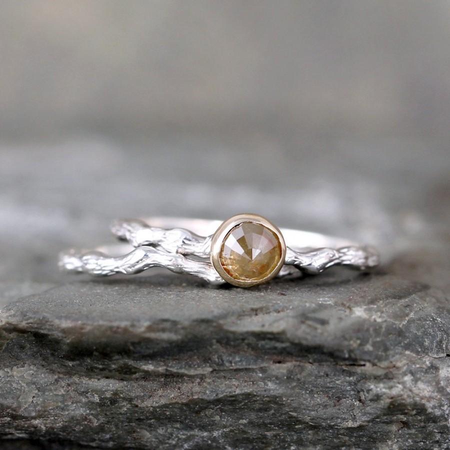 Wedding - Twig Engagement Ring Golden Rose Cut Diamond  - Sterling Silver 14K Yellow Gold  - Tree Branch Rings - Nature - Alternative Engagement Ring