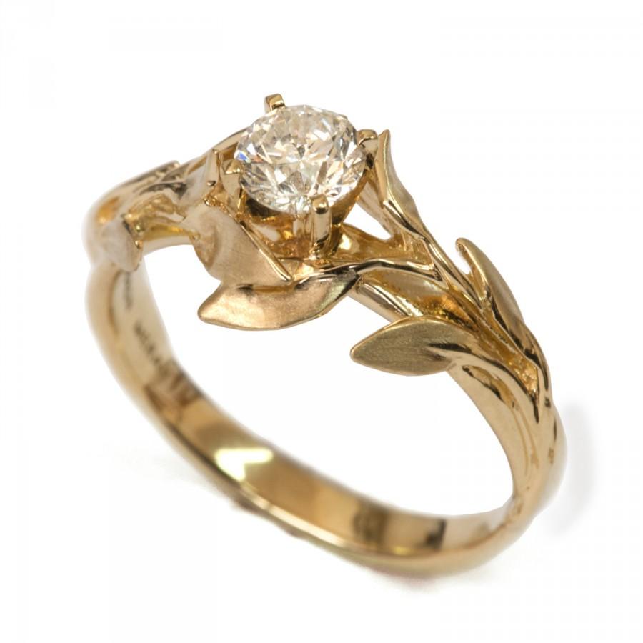 زفاف - GIA Certified, Leaves Engagement Ring - 14K Gold and Diamond engagement ring, engagement ring, leaf ring, Unique Engagement Ring