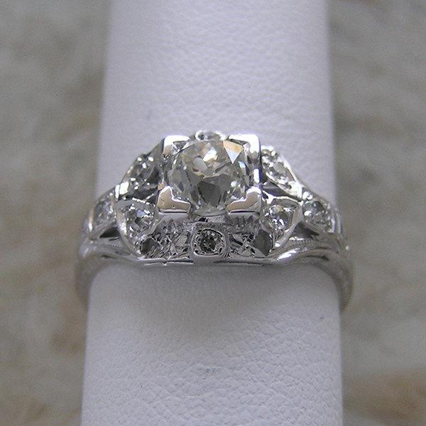 Hochzeit - Antique Engagement Ring Art Deco Old Mine Cut Diamond TDW 0.83 Ct., 18K Gold