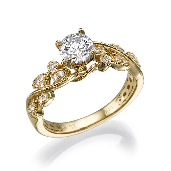 زفاف - Leaves Engagement Ring Yellow Gold With Unique milgrain and natural diamonds, Antique ring, Unique engagement ring, Wedding Ring
