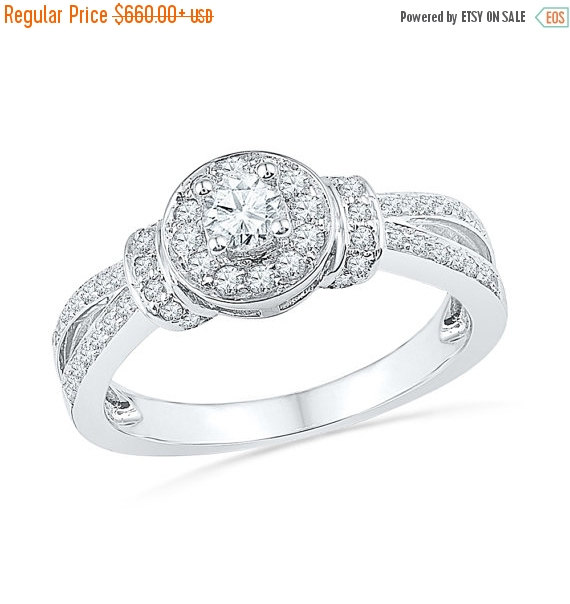 زفاف - Holiday Sale 10% Off 1/2 CT. TW. Round Diamond Engagement Ring, White Gold or Sterling Silver Ring with Diamond Accents
