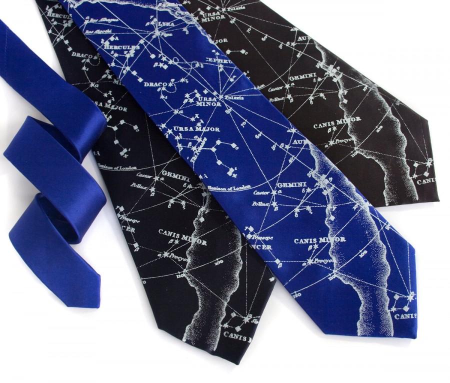 زفاف - Galaxy necktie. Night sky constellation print tie. Men's celestial, star chart tie. Ice blue print. Your choice of tie colors.