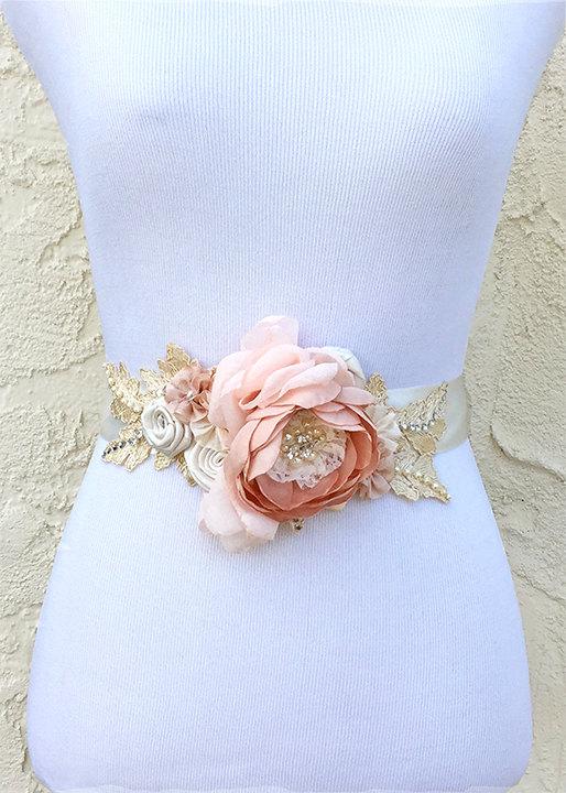 Hochzeit - Blush Champagne Ivory Sash with Swarovski Sew on Crystal  Pearls and Lace for a Bride, Bridesmaid, Event