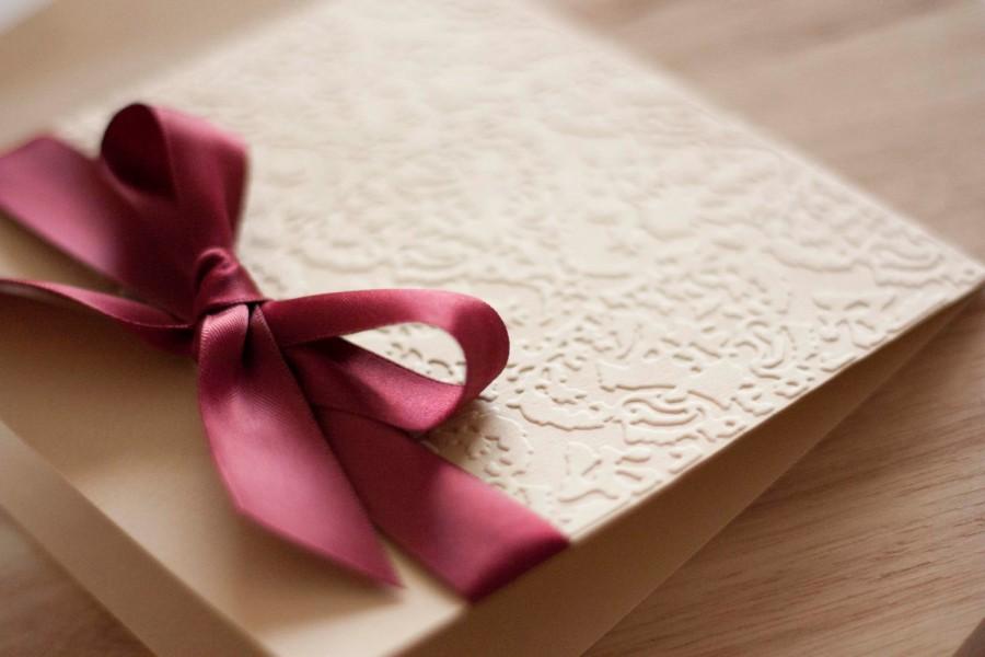 Wedding - Classic bow wedding invitation. Embossed invitation. Elegant wedding. Christening invitation. Burgundy and cream wedding