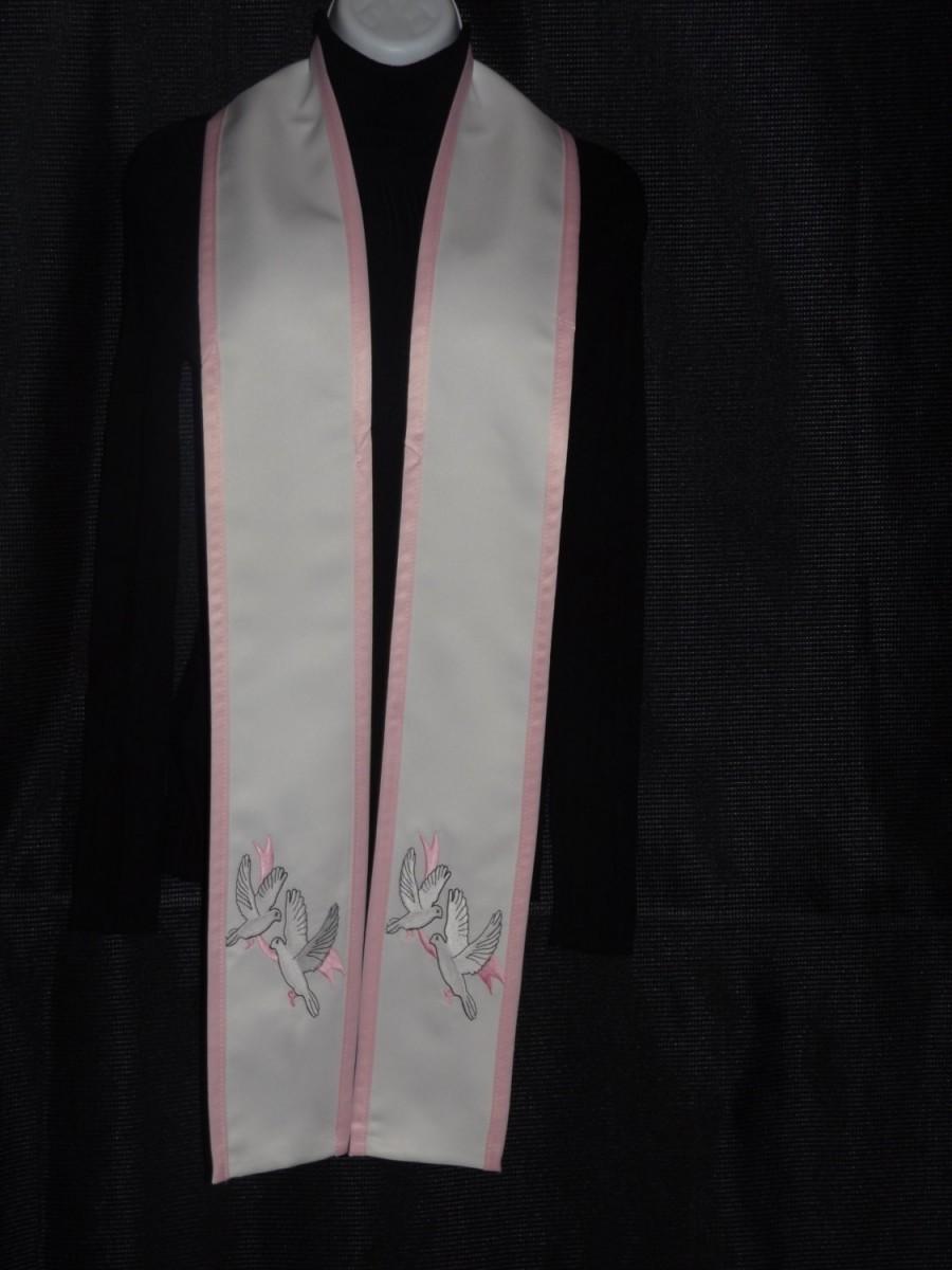 Mariage - Graduation stole.. Clergy religion sashes  Embroidered white Dove of peace in heavyweight white satin with pink satin trim