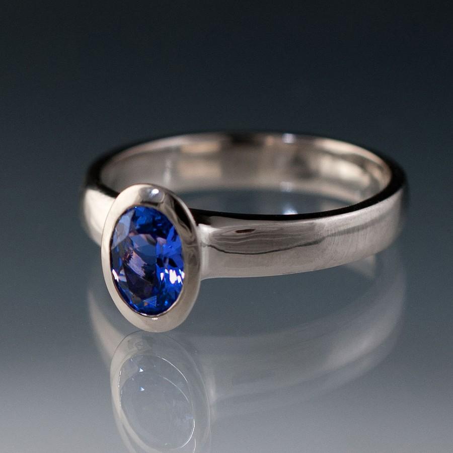 Hochzeit - Oval Chatham Blue Sapphire Bezel Solitaire Engagement Ring in Palladium, Lab Created Sapphire Ring