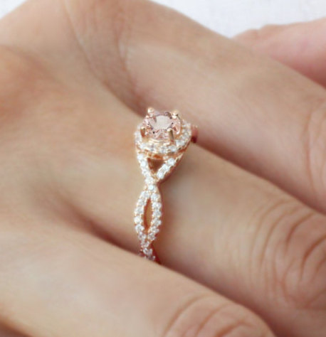 Wedding - Morganite Engagement ring with Micro Pave White diamonds, twisted shank 14k rose gold halo engagement ring, natural white diamonds