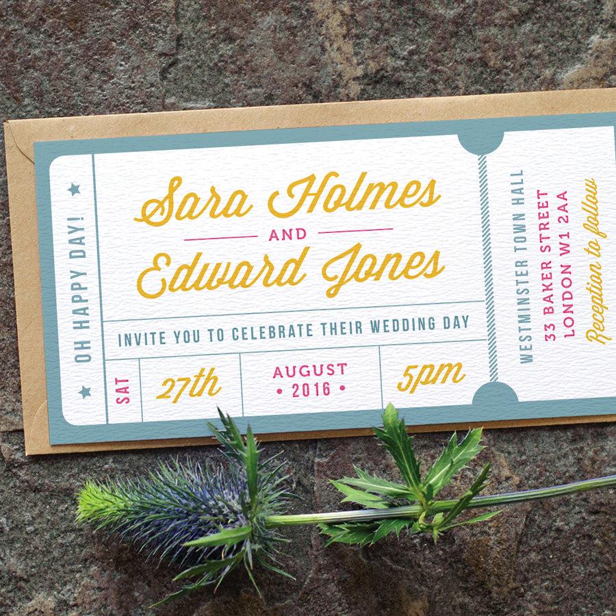 Wedding - Concert or General Admission Ticket Wedding Invitation / 'Just the Ticket' Fun Modern Wedding Invite / Yellow Blue Pink / ONE SAMPLE