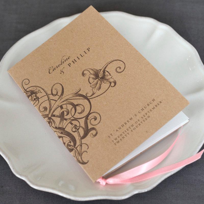 Свадьба - Floral Swirl Order of Service Wedding Program / Modern Vintage Wedding / Elegant Pocket-sized Booklet Kraft Card Satin Ribbon / ONE SAMPLE