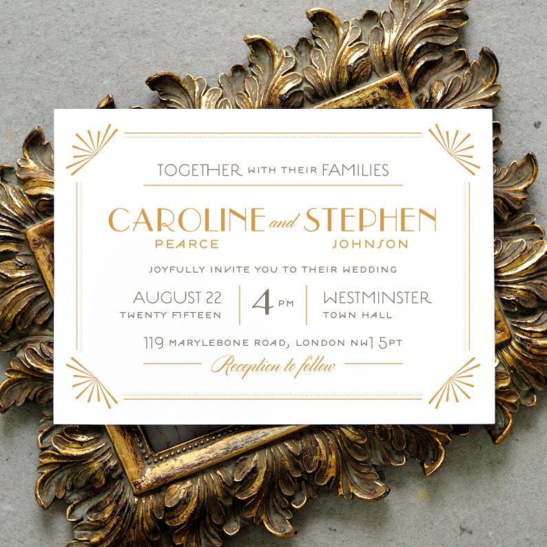 زفاف - Printable Wedding Invitation PDF / 'Glamourous Gatsby' 1920s Art Deco Invite / Gold and Grey / Digital File Only / Printing Also Available