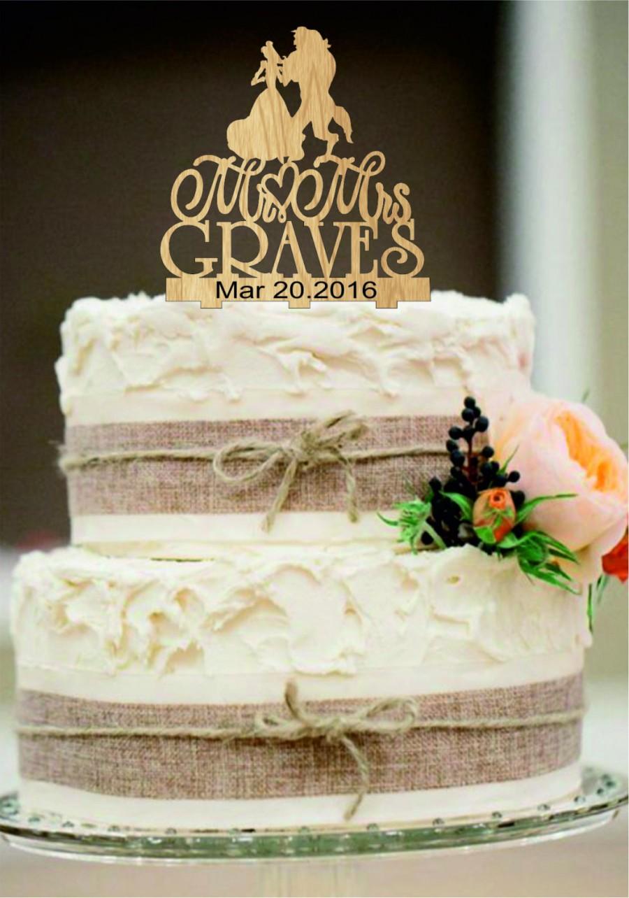 زفاف - silhouette personalized wedding cake topper, mr and mrs wedding cake topper with heart decor, disney cake topper, beauty and the beast