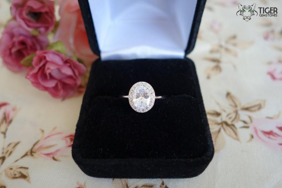 Hochzeit - 1.5 Carat Oval Halo Ring, Gatsby Style Engagement Ring, Man Made Diamond Simulant, Wedding Ring, Bridal Ring, Promise Ring, Sterling Silver