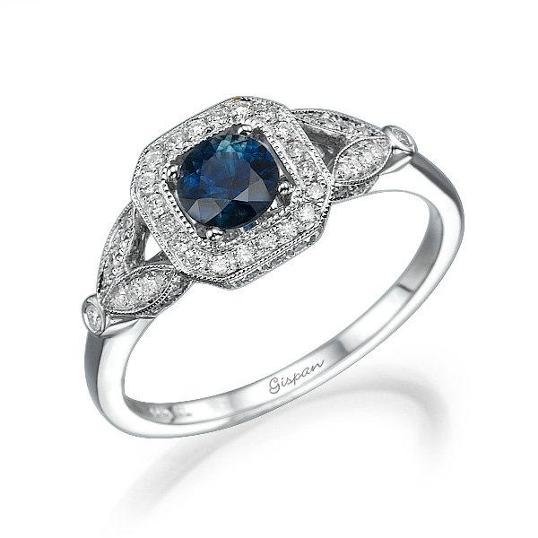 زفاف - Unique Engagement Ring Blue Sapphire White Gold Diamonds, leaves Ring, Gem Ring, Cocktail Ring, Art Deco Engagement Ring, Gift, christmas