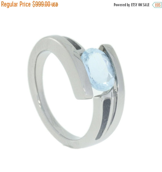 Mariage - Holiday Sale 10% Off Titanium Tension Set Ring w Oval Aquamarine inlaid with Pet's Ashes, Pet Memorial Ring, Titanium Tension Set Engagement