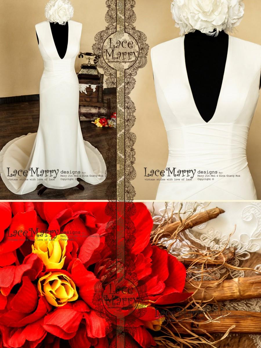 Mariage - Feminine A Line Wedding Dress Features Deep Sexy V-neck and Closed Back with Chapel Train
