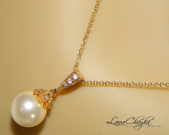 Hochzeit - Wedding Ivory Pearl Necklace Bridal Drop Pearl Vermeil Gold Necklace Swarovski 10mm Pearl Necklace Bridal Pearl Jewelry FREE US Shipping