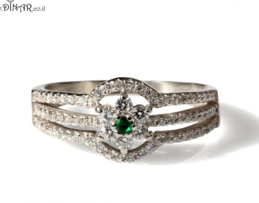 زفاف - unique Diamonds Engagement ring, half carat micro pave ring, 14k white gold accent diamonds and emerald ring, flower diamond ring