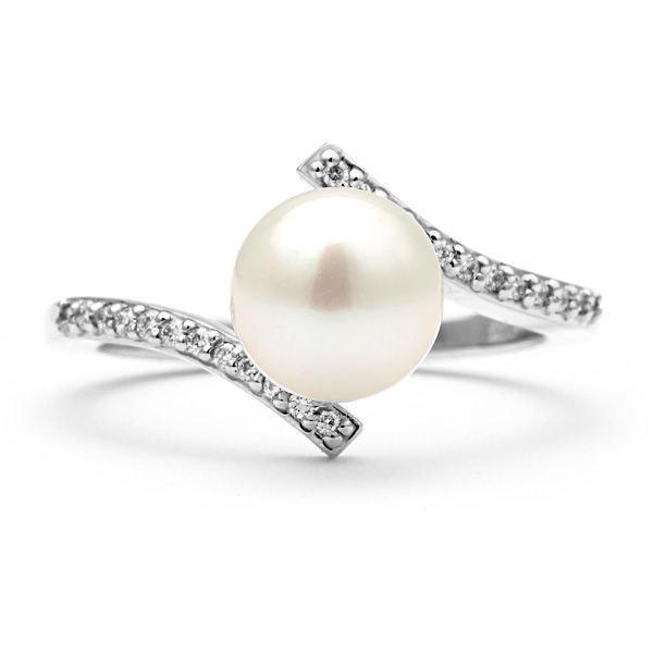 Wedding - Engagement Ring, Diamond Pearl Ring, 14K White Gold Ring, Size 6