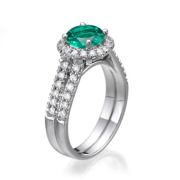 زفاف - Natural Emerald Double Shank Ring, 14K White Gold Ring, Halo Engagement Ring, 1.46 TCW Emerald Ring Vintage, Art Deco Ring