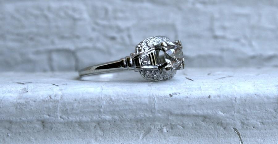 Hochzeit - Vintage Floral 14K White Gold Diamond Engagement Ring - 0.71ct.