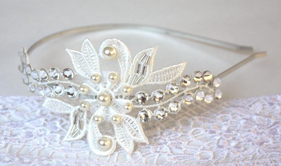 Mariage - Lace Bridal Headband with Swarovski Crystal Rhinestone and pearls in ivory or white,  Bridal Wedding Reception