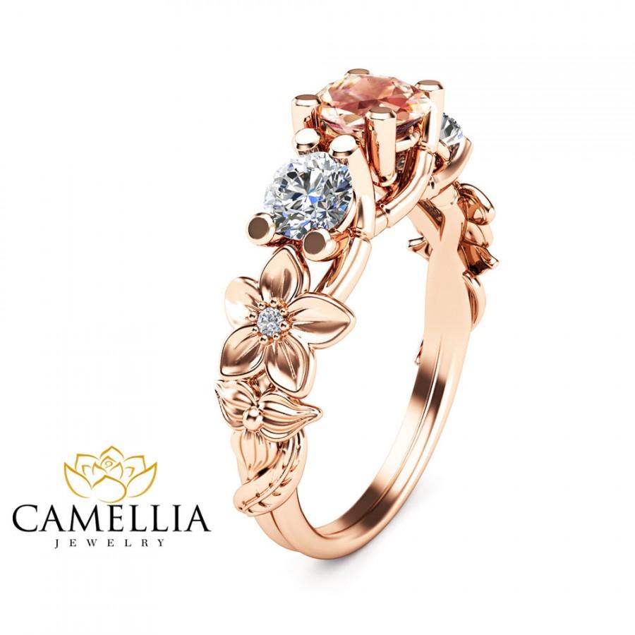 Wedding - Three stone ring 14K Rose Gold Morganite Ring,Camellia Jewelry,Flower Ring,3 Stone Engagment Ring,Art Deco Ring.