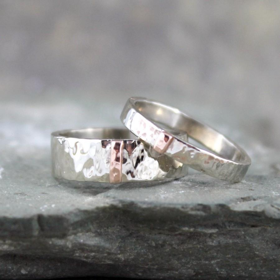 Wedding - 14K White and Pink Gold Wedding Bands - Textured Mixed Metal - His and Hers - Commitment Rings - Matching Wedding Rings - Wedding Band Set