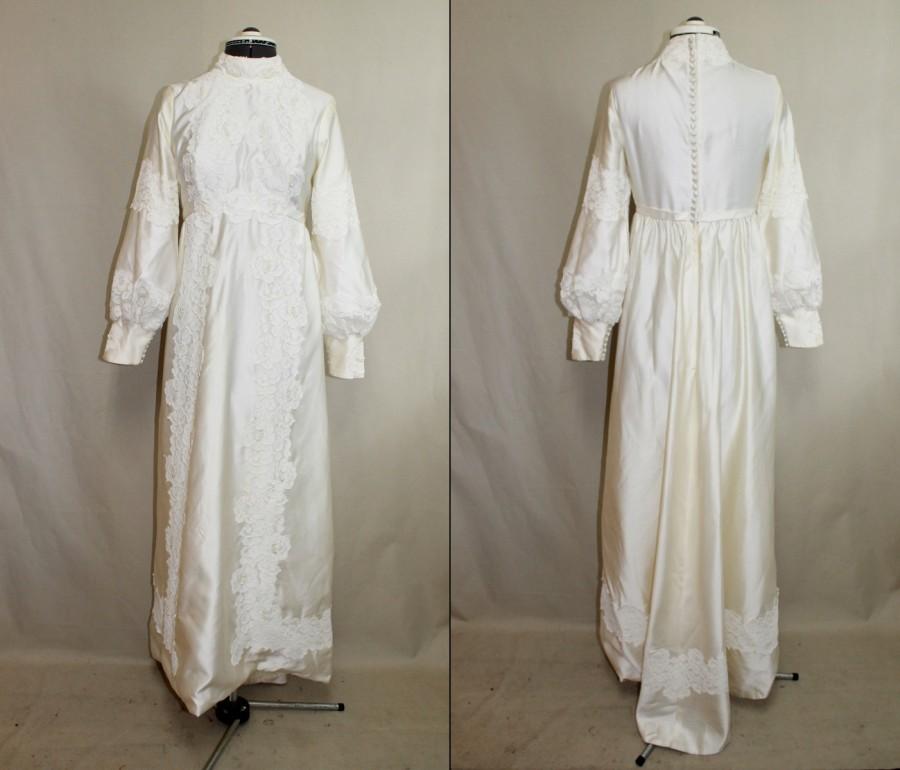 Hochzeit - Vintage Boho Hippie Wedding Dress /Lace Wedding Dress Satin  / 1960s Bridal Gown White Leg O Muffin Sleeves S