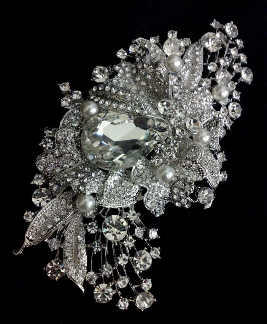 زفاف - Crystal Bridal Brooch, Rhinestone broach, Leaves Broach, Statement Jewelry, Pearl Broach, ABBEY