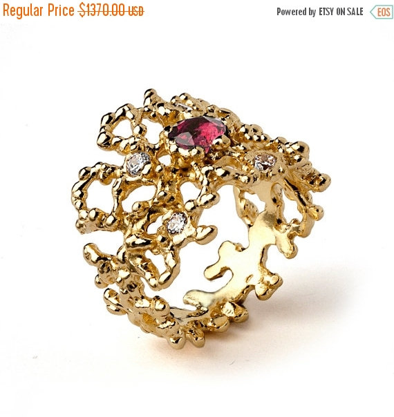 زفاف - 20% off SALE - CORAL Gold Tourmaline Ring, Diamond Engagement Ring, Pink Tourmaline Engagement Ring, Gold Gemstone Ring