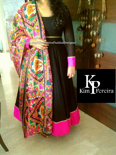 Hochzeit - Black Anarkali Dress with Colourful Embroidered Dupatta and Black Chudidar Pant