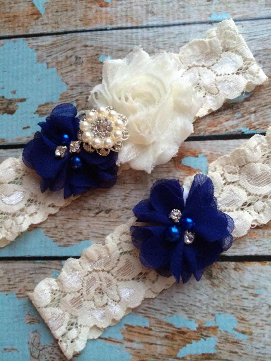 Свадьба - ROYAL  flower  / IVORY  chiffon / wedding garter set / bridal  garter/  lace garter / toss garter included /  wedding garter