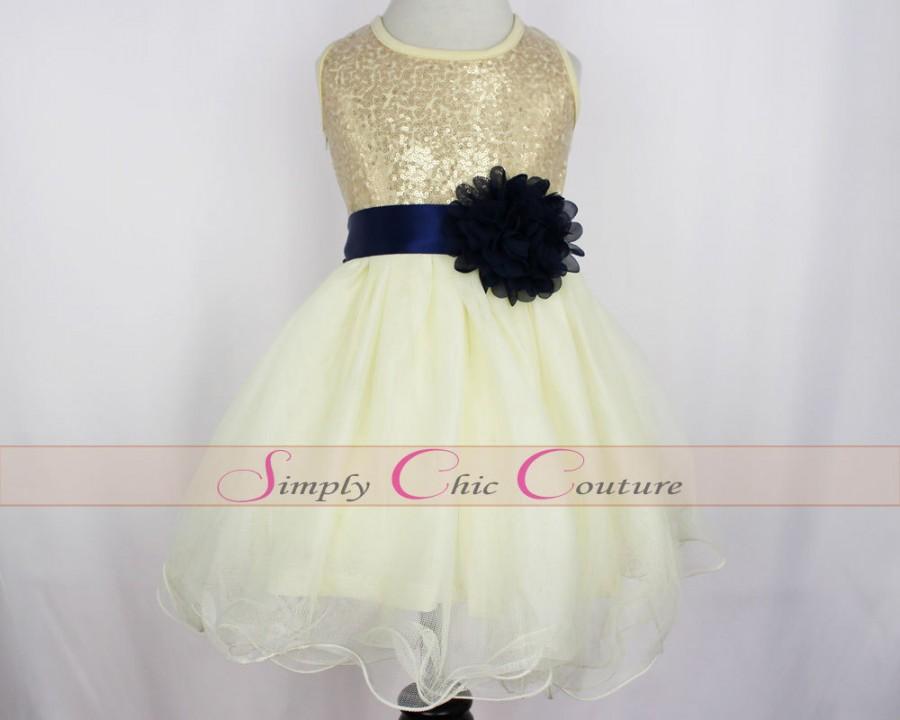 Hochzeit - Navy Blue & Gold Sequin Flower Girl Dress / Ivory Tulle Flower Girl Dress / Flower Girl Dress / Junior Bridesmaid Dress / Birthday Dress