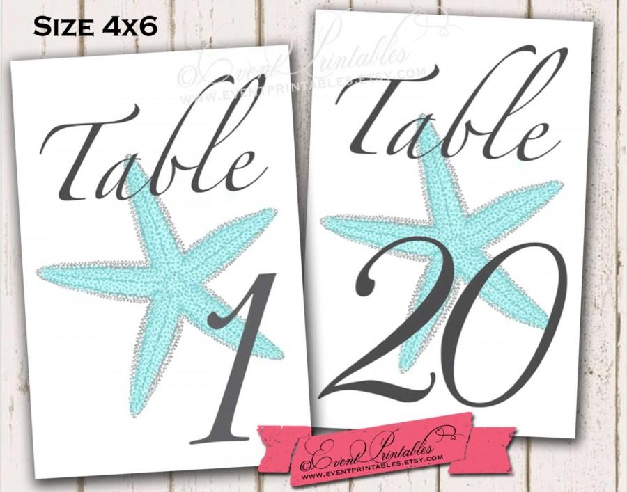 Hochzeit - 1 to 20 Printable Starfish Table Numbers, Aqua 4x6 DIY Table Cards, Beach Wedding, INSTANT DOWNLOAD by Event Printables