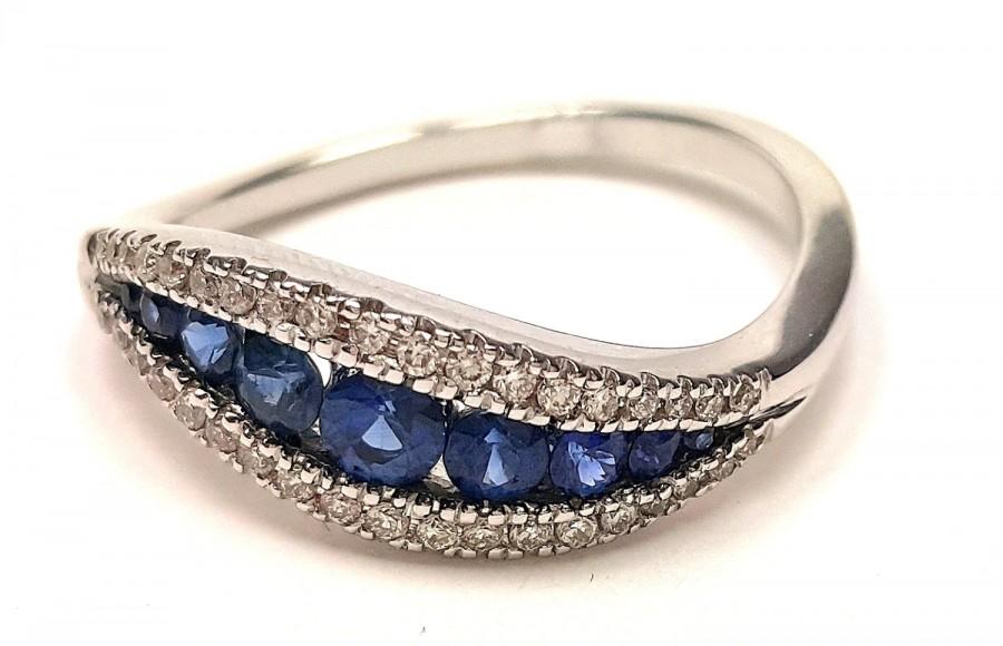 Свадьба - Unique Curved Engagement Ring 14K White Gold With Blue Sapphire And Diamonds , Gem Ring, Promise Ring, Sapphire Ring, anniversary ring