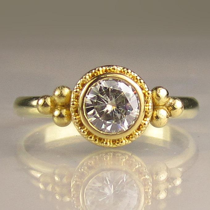 22k Gold Granulated Moissanite Engagement Ring, Yellow Gold Moissanite