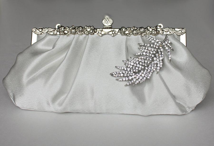 زفاف - Bridal Clutch - silver-ivory satin with Swarovski Crystal feather brooch