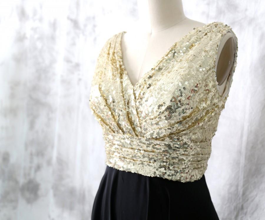 Mariage - Sequin Chiffon Bridesmaid Dresses, Gold Black Sequin Bridesmaid gown, V Neck Long Sequin Chiffon dress, Party dress, Prom Dress, Formal Gown