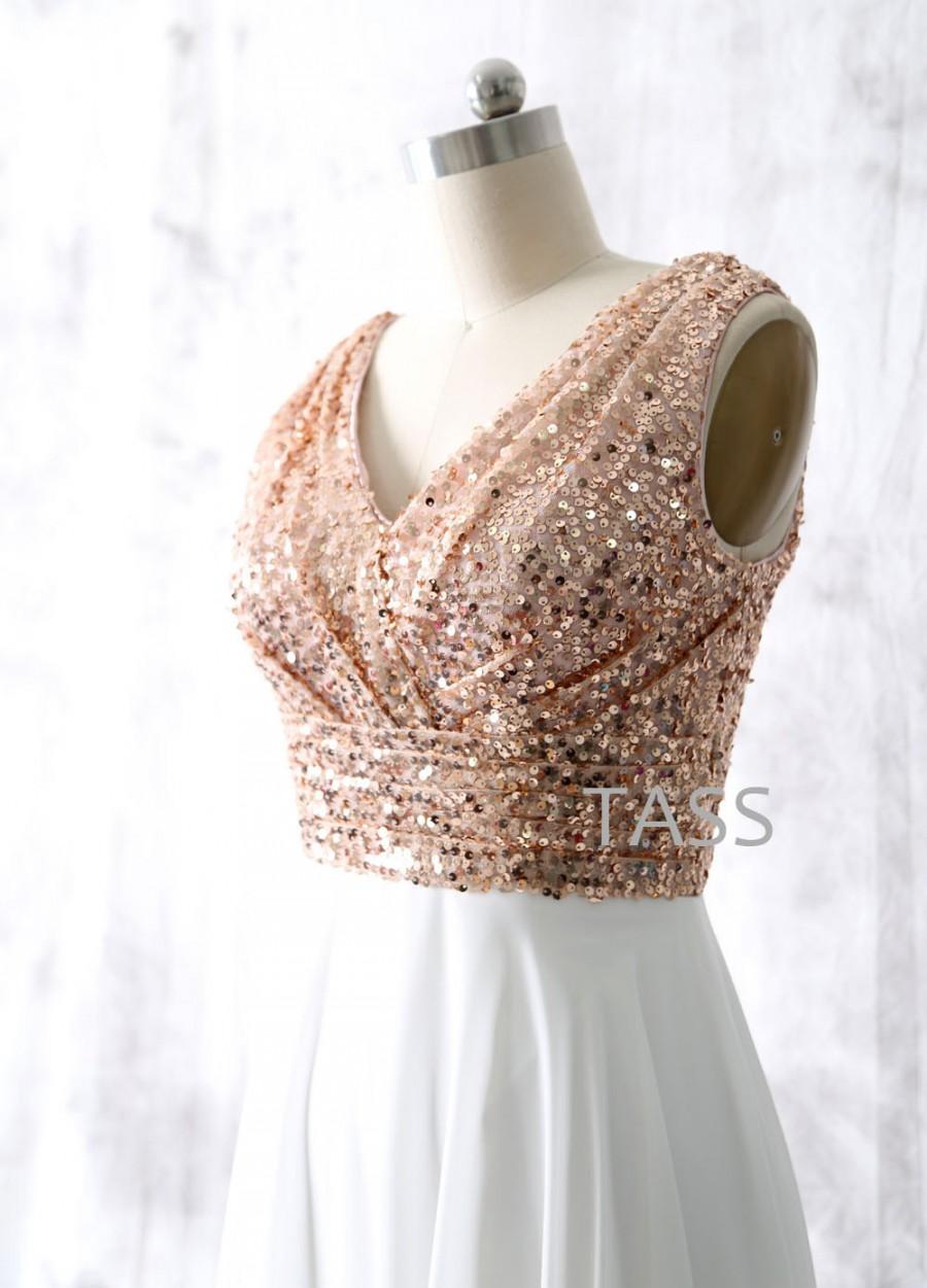 Mariage - Sequin Chiffon Bridesmaid Dresses, Rose Gold Sequin Bridesmaid gown, V Neck Long Sequin Chiffon dress, Party dress