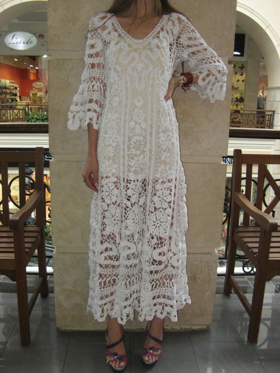 Hochzeit - Crochet maxi dress Handmade White Dress wedding dress Crochet white dress irish lace dress Summer cotton Dress crochet wedding garment
