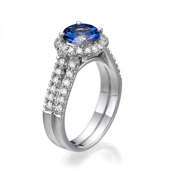 زفاف - Vintage Blue Sapphire Double Shank Ring, 14K White Gold Ring, Halo Engagement Ring, 1.06 TCW Sapphire Ring Gold, Art Deco Ring