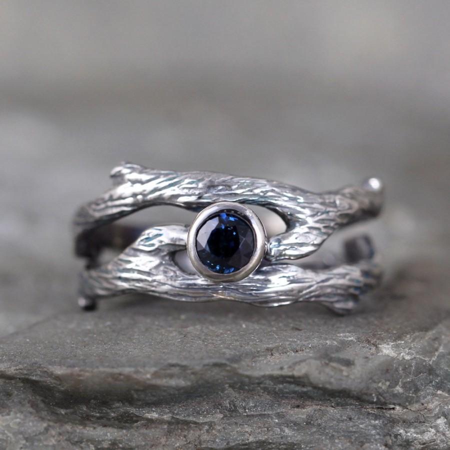 زفاف - Blue Sapphire Twig Style Engagement Ring and Wedding Band Set - Sterling Silver - Alternative Engagement Ring - Nature - Branch Rings - Tree