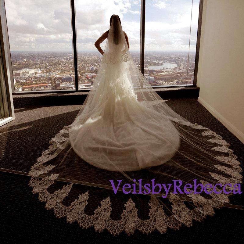 Wedding - Cathedral lace veil with blusher, 2 tiers cathedral lace veil, ivory lace cathedral veil, cathedral wedding veil bridal veil