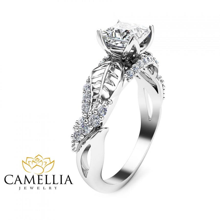 زفاف - Princess Cut Engagement Ring 14K White Gold Diamond Ring LeafPrincess Engagement Ring Princess Cut Diamond Ring Unique Engagement Ring