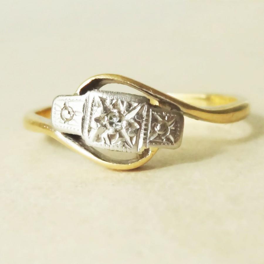 Wedding - Antique Geometric Diamond Trilogy Ring, Art Deco Diamond, Platinum & 18k Gold Engagement Ring Approx Size 7.5