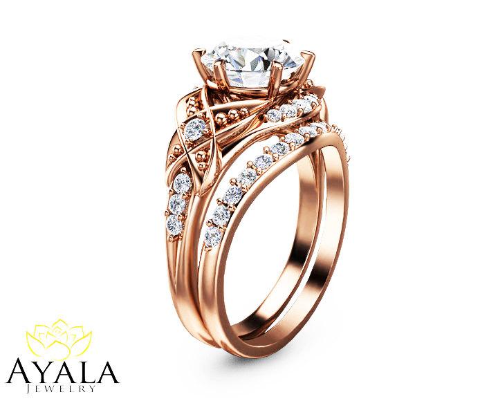 Hochzeit - Bridal Set 14K Rose Gold Diamond Ring,Designer Engagement ring,Leaf Ring,Matching Wedding Rings,Promise Rings,Uniqe Engagement Ring.